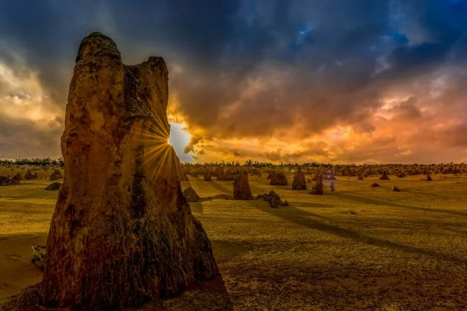 Limestone spires of the Pinnacles Desert in Nambung National Park at sunset